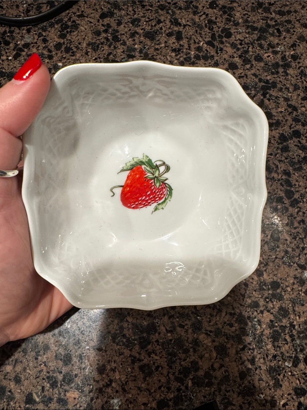 Vintage Porcelain Bowl with Red Strawberry Accent